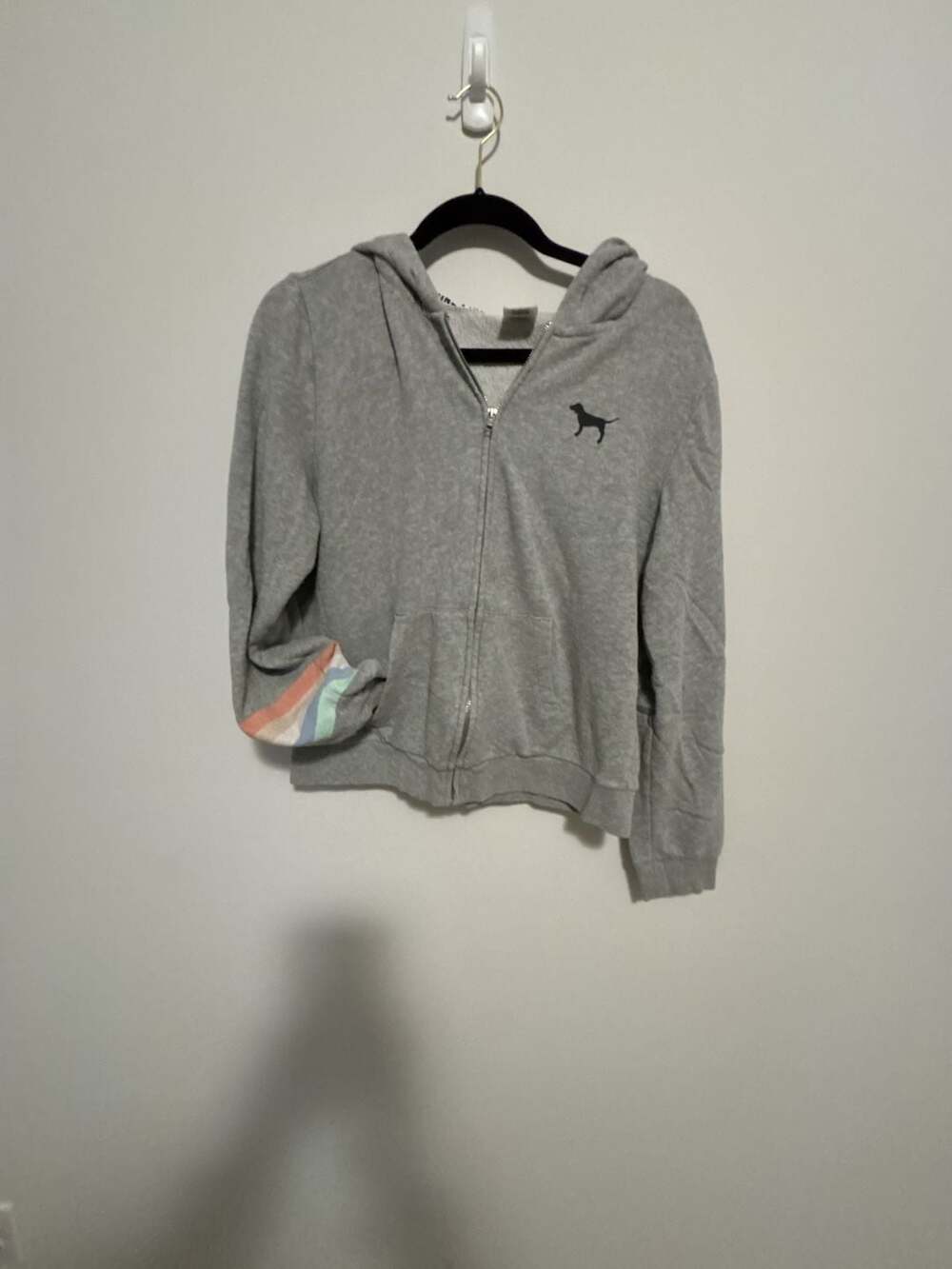 Victoria's Secret PINK Gray Full Zip Hoodie Sweatshirt with Pastel Rainbow Strip